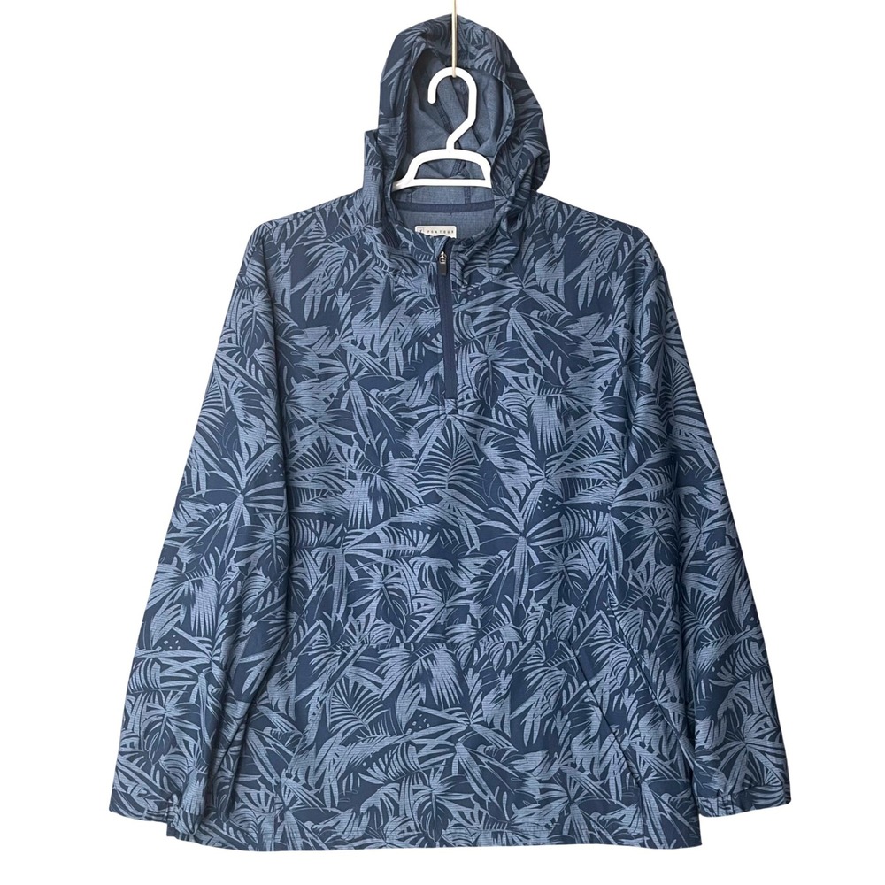 PGA Tour Mens XXL Blue Palm Leaf Quarter‎ Zip Hooded Pullover Windbreaker Shirt